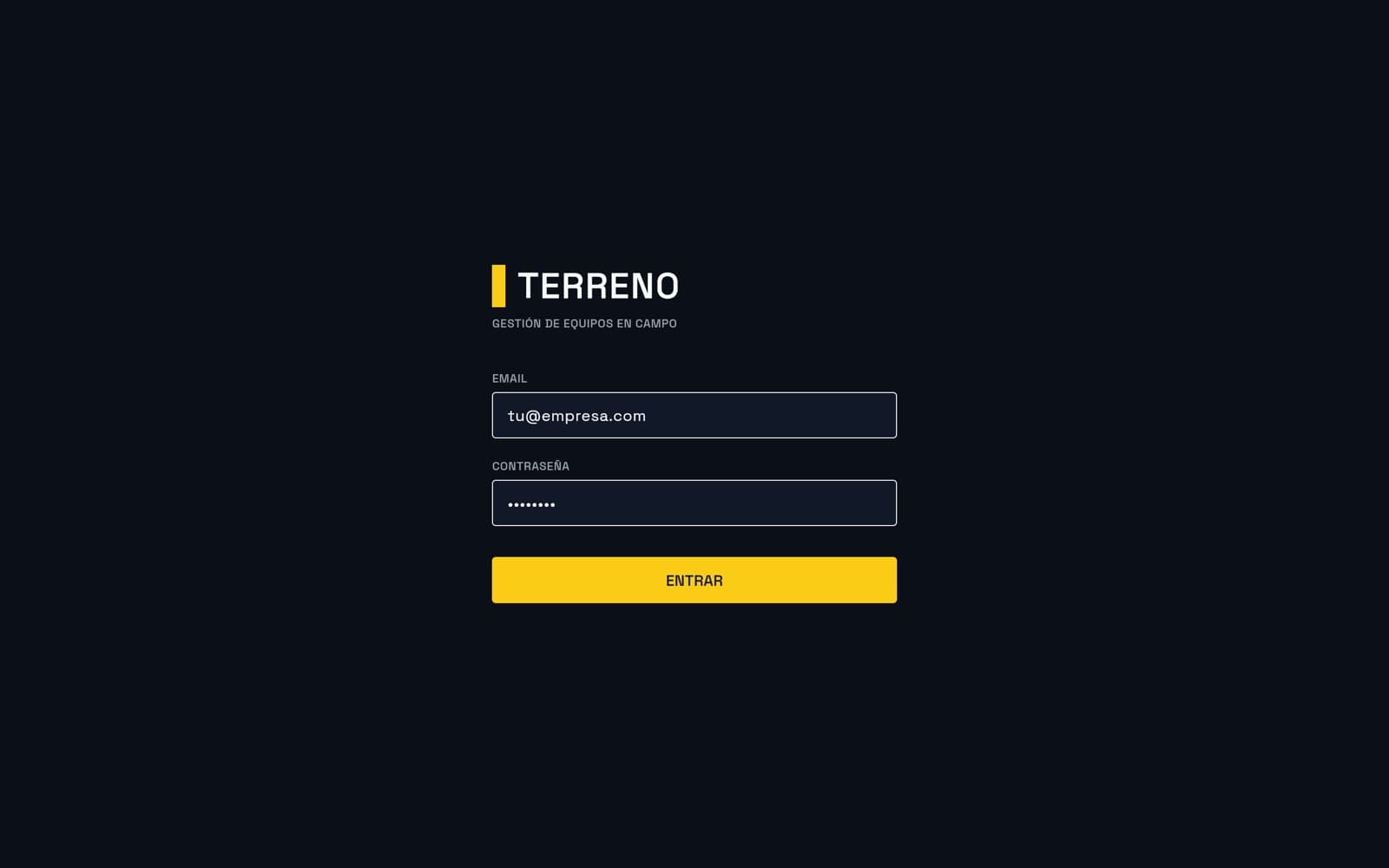 Pantalla de acceso de TERRENO